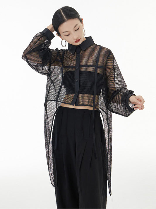 flowersverse Stylish Long Sleeves Loose Mesh See-Through Sun Protection Blouses&Shirts Tops