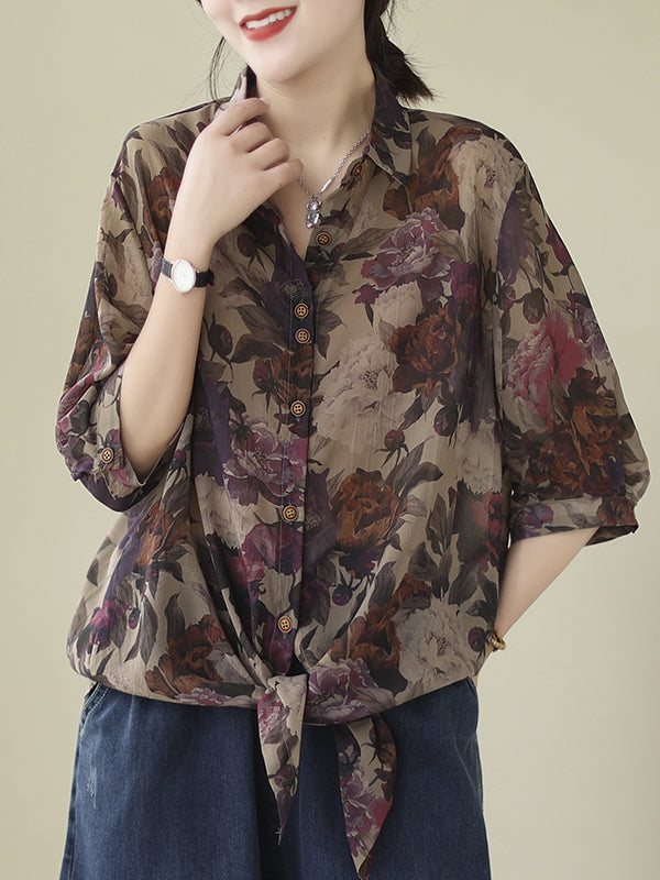 flowersverse Buttoned Flower Print Tied Long Sleeves Loose Lapel Blouses&Shirts Tops