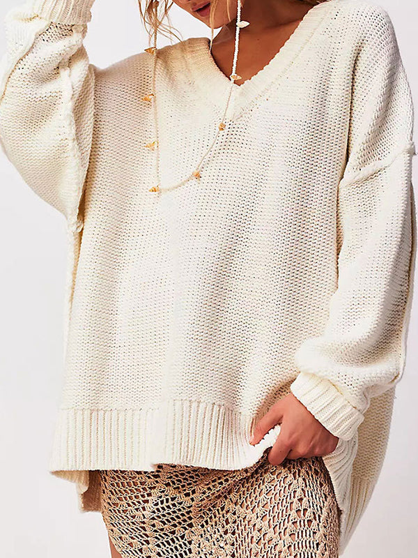 flowersverse Solid Color Velvet Long Sleeves Loose V-Neck Sweater Tops Pullovers