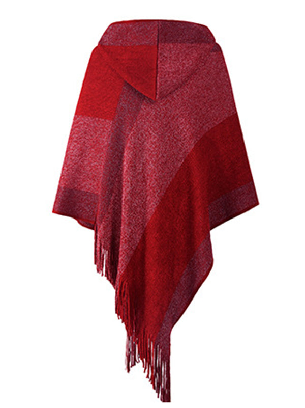 flowersverse Casual Loose Striped Tasseled Hooded Cape