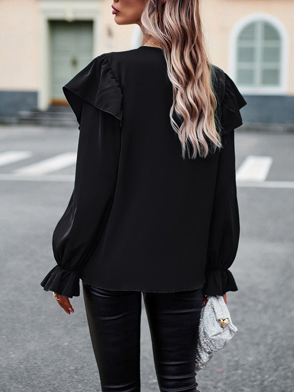 flowersverse Asymmetric Hollow Long Sleeves Loose V-Neck Blouses&Shirts Tops