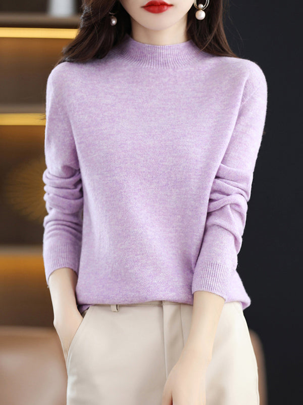 flowersverse Office Long Sleeves Solid Color High-Neck Sweater Tops Pullovers