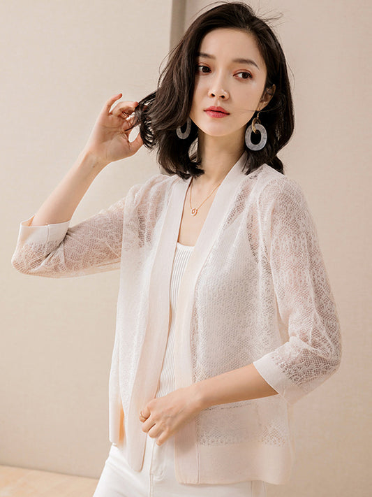 flowersverse Vintage Solid Color Knitting Jacquard Hollow Cardigan Top