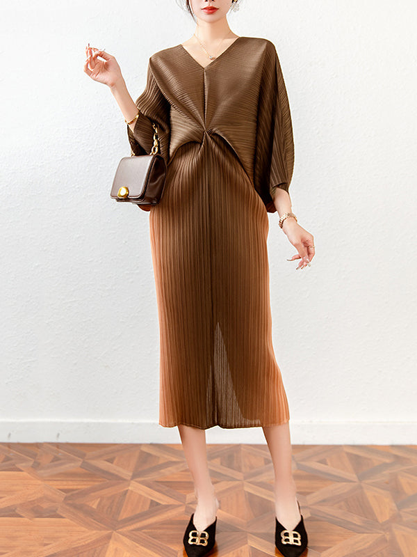 flowersverse Fashion Loose Batwing Sleeves Gradient Pleated Midi Dress