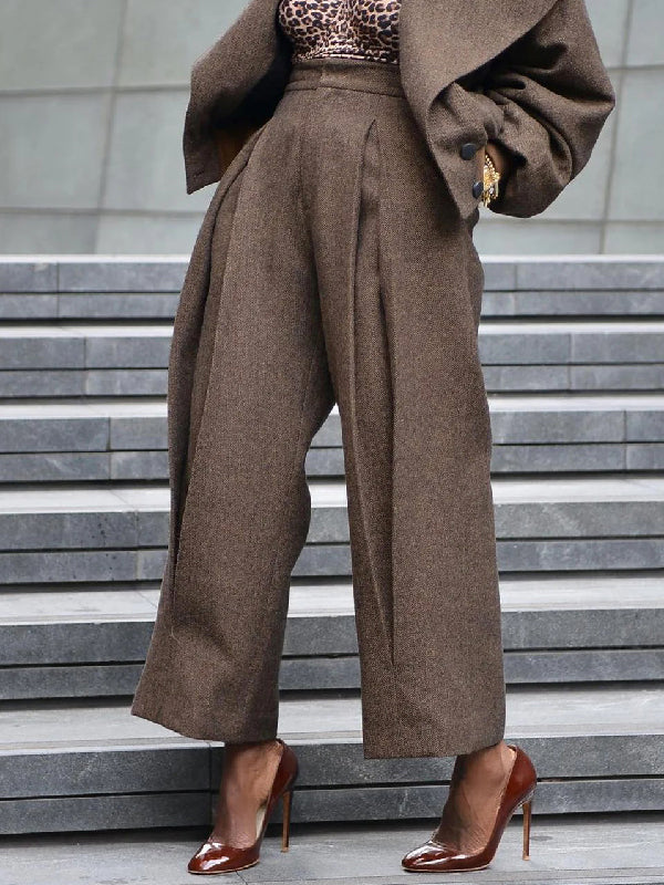 flowersverse Pleated Solid Color Long Sleeves Notched Collar Outerwear Top + Pants Bottom Two Pieces Set