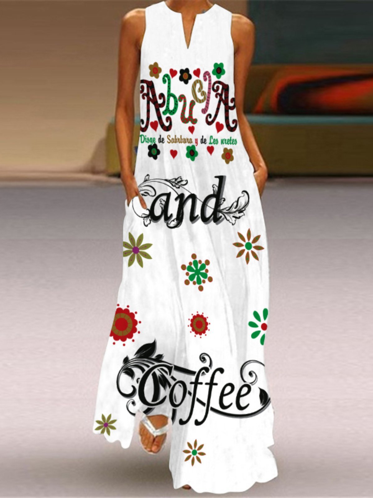 flowersverse Vintage Floral Printed Statement Plus Size Sleeveless V Neck Casual Knitting Dress