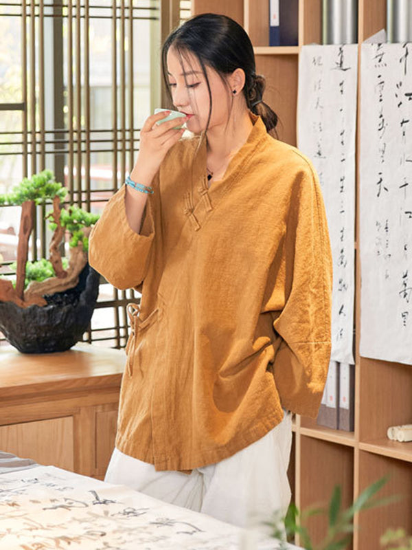 flowersverse Vintage Long Sleeves Loose Buttoned Tied Solid Color V-Neck Outerwear