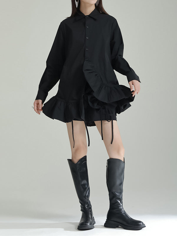 flowersverse Asymmetric Solid Color Cropped Long Sleeves Lapel Blouses&shirts Tops
