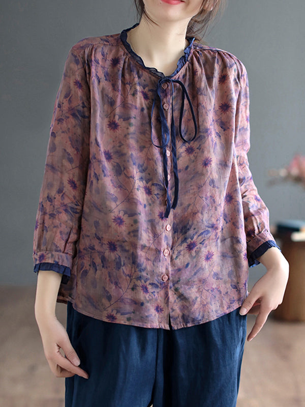 flowersverse Floral Printed Lace-Up Long Sleeves Loose Round-Neck Blouses&Shirts Tops