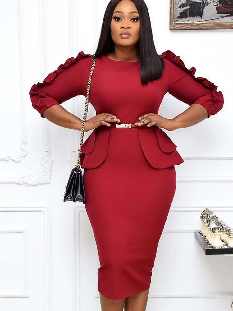 flowersverse Ruffle Peplum Bodycon Midi Dresses