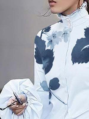 flowersverse Long Sleeves Loose Buttoned Leaves Print High-Neck Blouses&Shirts Tops
