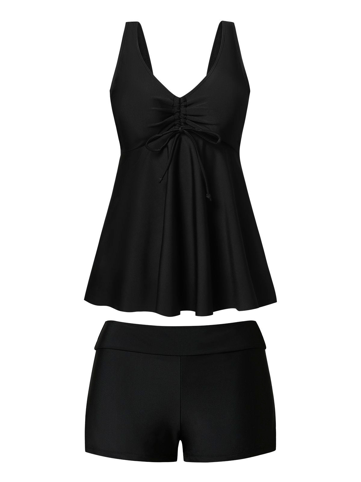 flowersverse Simple Plain Gathered V Neck Tankinis Two-Piece Set