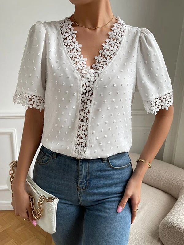 flowersverse Applique Solid Color Loose Short Sleeves V-neck Blouses&shirts Tops