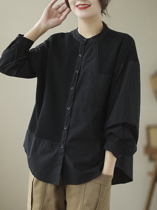 flowersverse Vintage Long Sleeves Loose Split-Joint Round-Neck Blouses&Shirts Tops