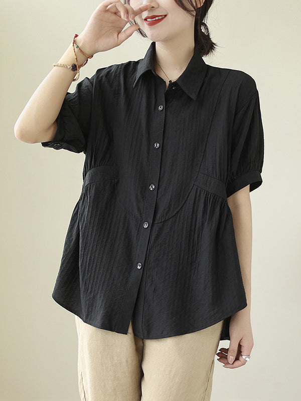 flowersverse Pleated Solid Color Split-Joint Half Sleeves Loose Lapel Blouses&Shirts Tops