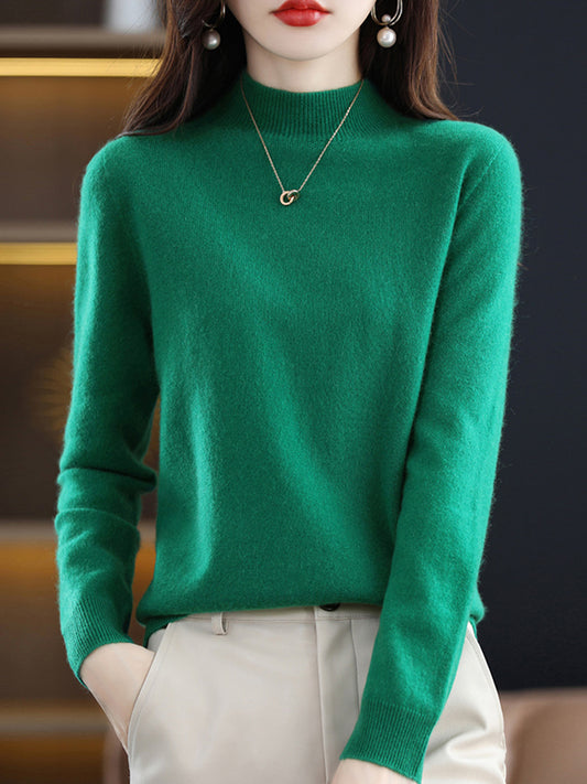 flowersverse Office Long Sleeves Solid Color High-Neck Sweater Tops Pullovers