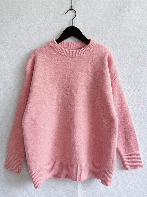 flowersverse Casual Loose Long Sleeves Solid Color Round-Neck Sweater Tops