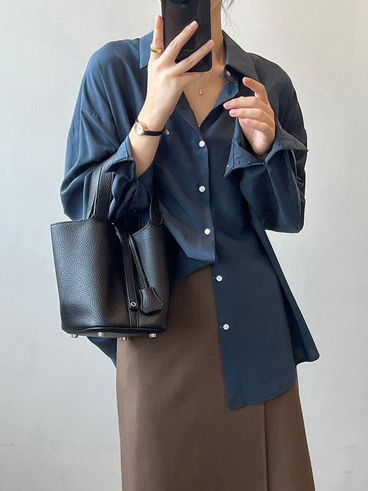 flowersverse Vintage Long Sleeves Loose Solid Color Lapel Collar Blouses