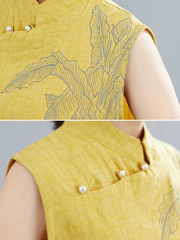 flowersverse Artistic Retro Chinese-Style Printed Buttoned Stand Collar Sleeveless Vest