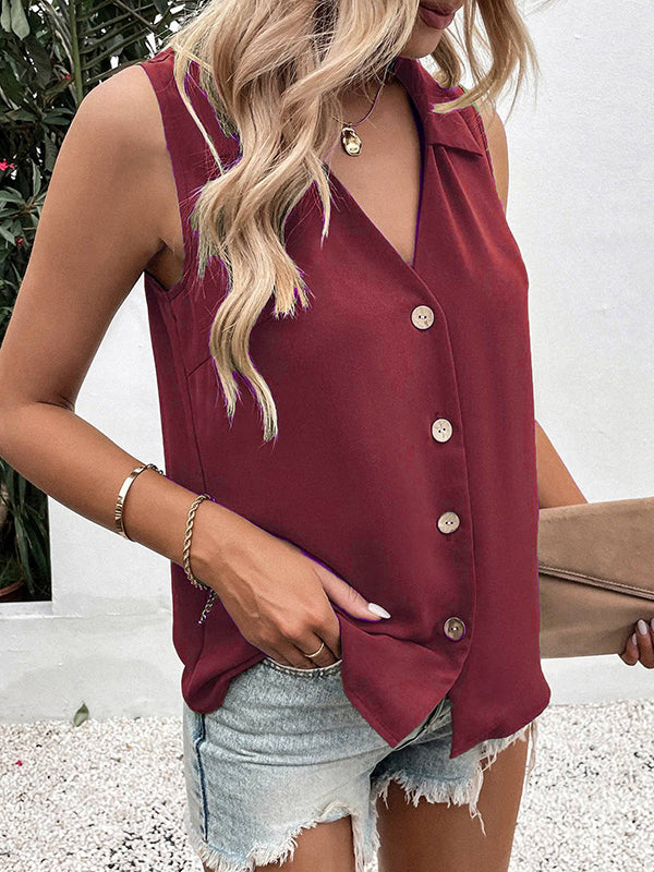 flowersverse Buttoned Solid Color Split-Joint Loose Sleeveless V-neck Vest Top