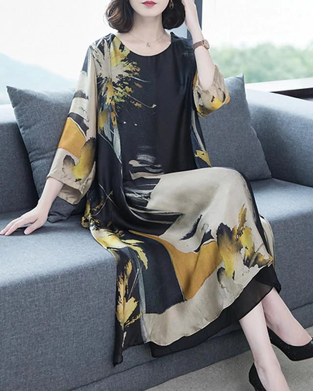 flowersverse Women's Shift Dress Maxi Long Dress - Long Sleeve Geometric Hot Slim Black