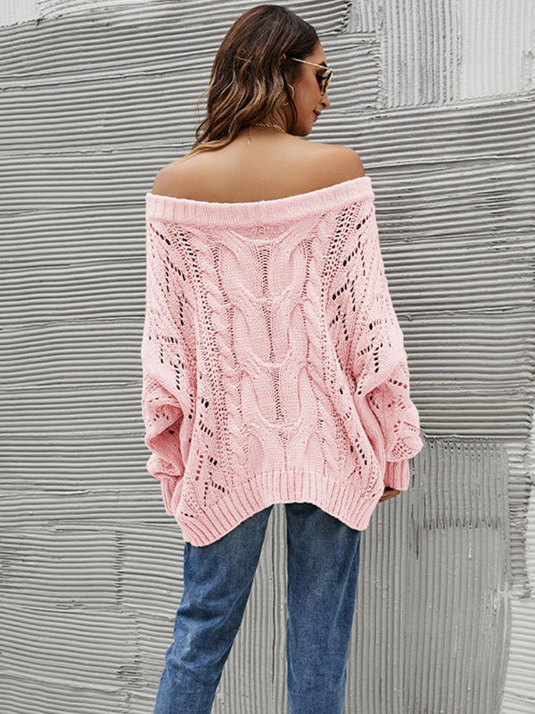 flowersverse Vintage Long Sleeves Loose Solid Color Off-The-Shoulder Sweater Tops
