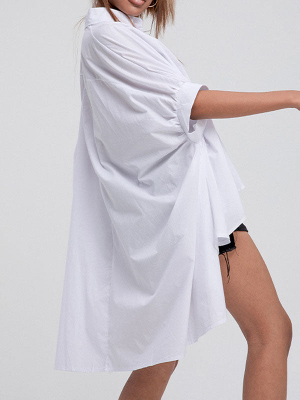 flowersverse Solid Color Batwing Sleeves High-Low Lapel Blouses&Shirts Tops