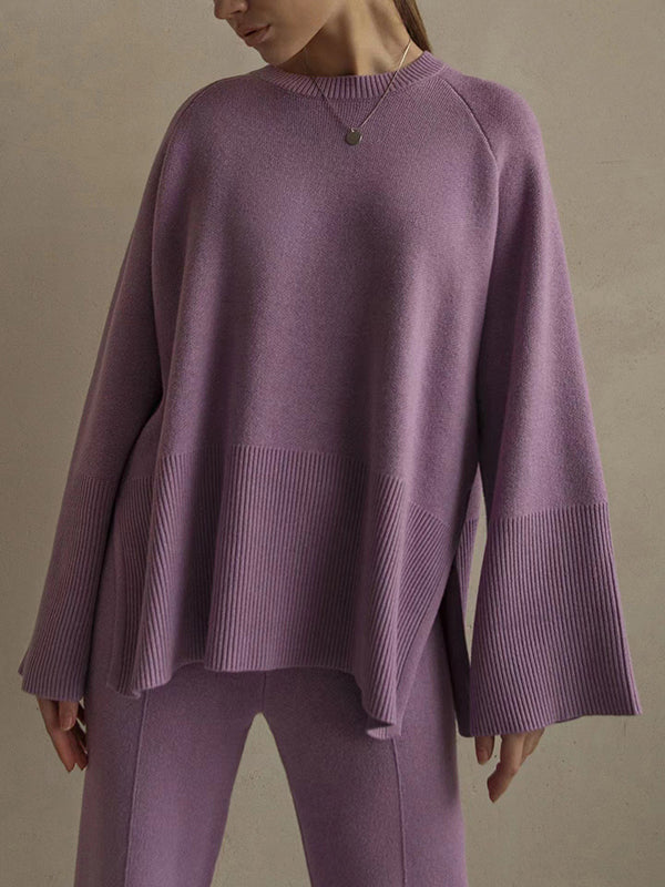 flowersverse Casual Long Sleeves Loose Solid Color Round-Neck Sweater Tops & Wide Leg Pants Two Pieces Set