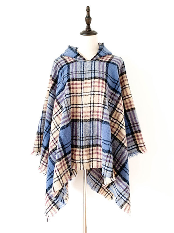 flowersverse Fringed Hooded Keep Warm Plaid Shawl&Cloak Cape