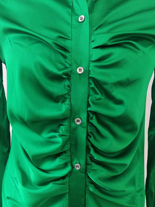 flowersverse Pleated Solid Color Long Sleeves Lapel Blouses&shirts Tops