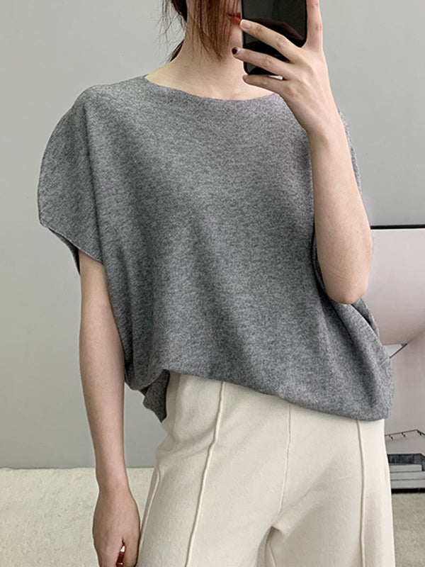 flowersverse Solid Color Half Sleeves Loose Off-The-Shoulder Sweater Tops Pullovers Knitwear