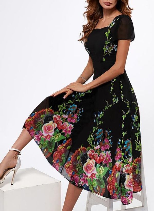 flowersverse Casual Floral Square Neck Long Sleeve Dress