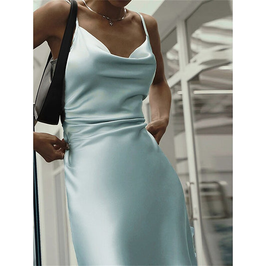 flowersverse Women's Party Dress Satin Dress Semi Formal Dress Mini Dress Beige Light Blue Sleeveless Pure Color Backless Summer Spring Spaghetti Strap Party Vacation Summer Dress Spring Dress S M L XL