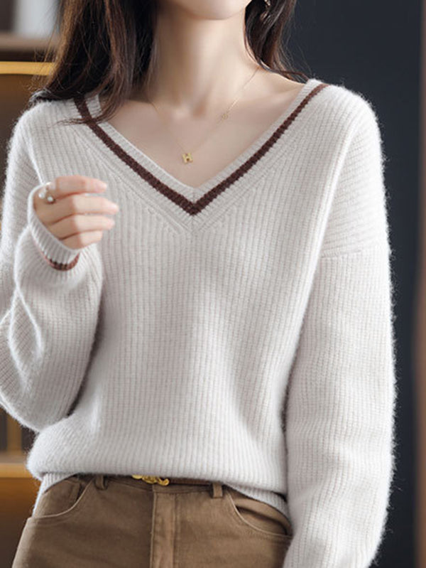 flowersverse Urban Loose Long Sleeves Contrast Color V-Neck Sweater Tops