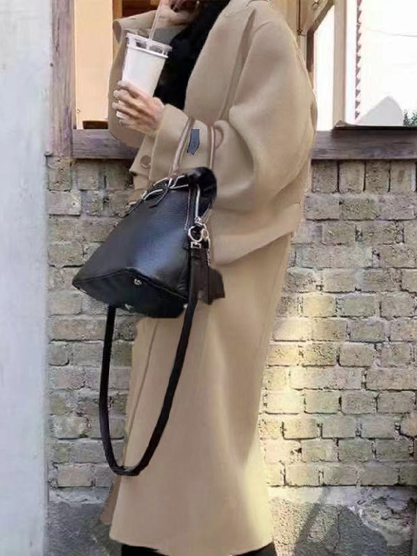 flowersverse Office Belted Solid Color Notched Collar Wool Overcoat