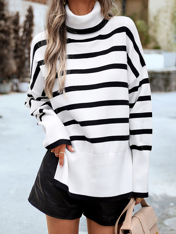 flowersverse Contrast Color Split-Side Striped Long Sleeves Loose High Neck Sweater Tops Pullovers