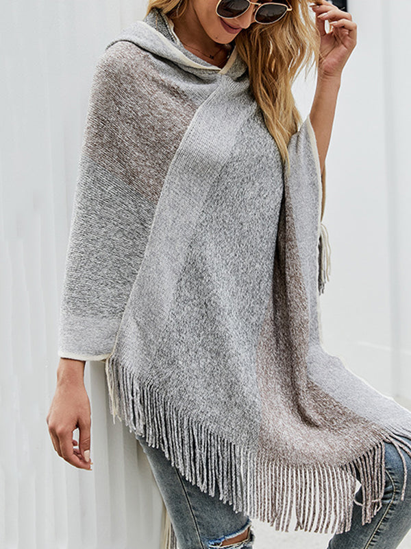 flowersverse Casual Loose Striped Tasseled Hooded Cape