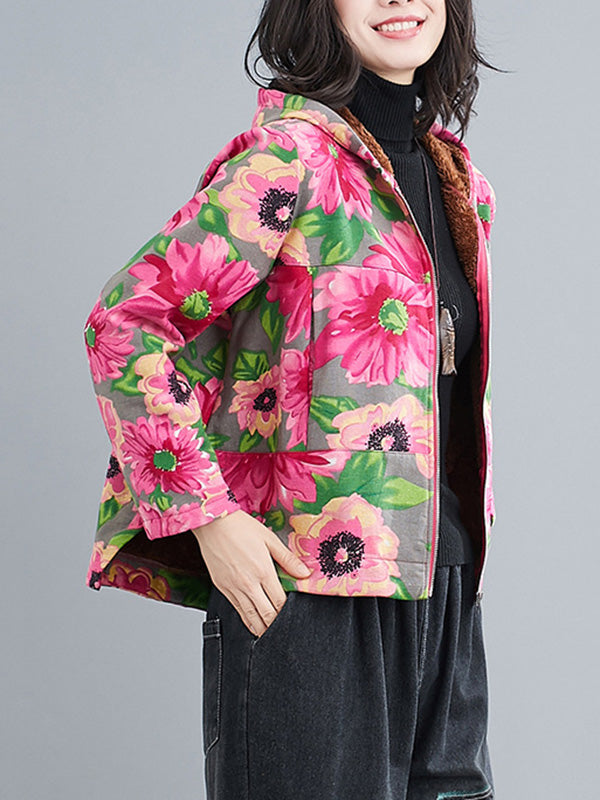 flowersverse Artistic Retro Velvet Floral Printed Zipper Hooded Long Sleeves Outwear