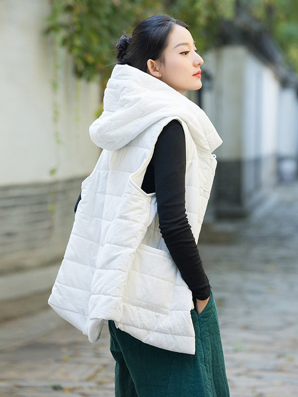 flowersverse Simple Sleeveless Loose Keep Warm Cotton Quilted Solid Color Hooded Vest Outerwear