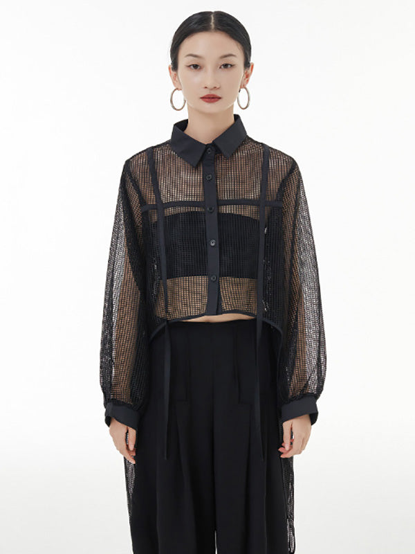 flowersverse Stylish Long Sleeves Loose Mesh See-Through Sun Protection Blouses&Shirts Tops