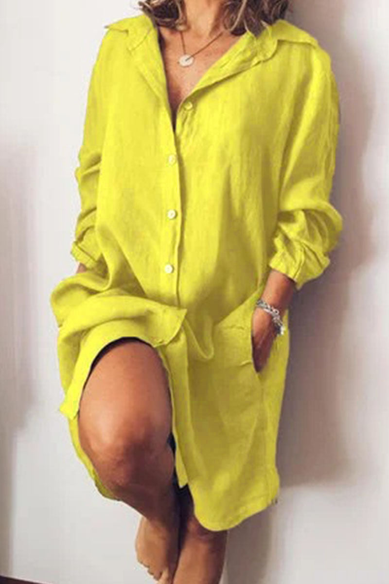 flowersverse Fashion Casual Solid Patchwork Turndown Collar A Line Dresses