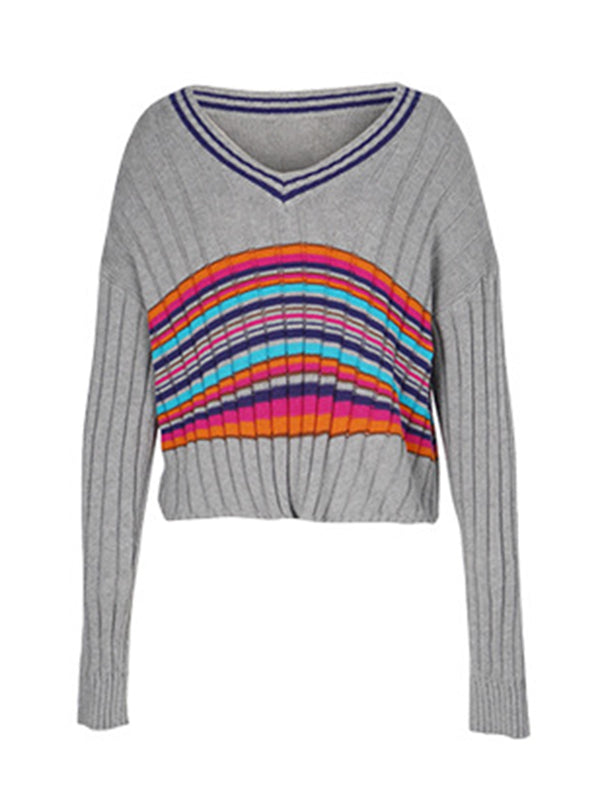 flowersverse Casual Long Sleeves Striped V-Neck Sweater Tops