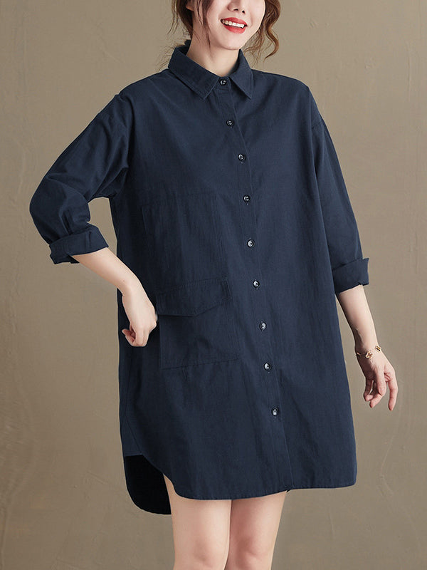 flowersverse Simple Solid Buttoned Lapel Collar Long Sleeves Blouse