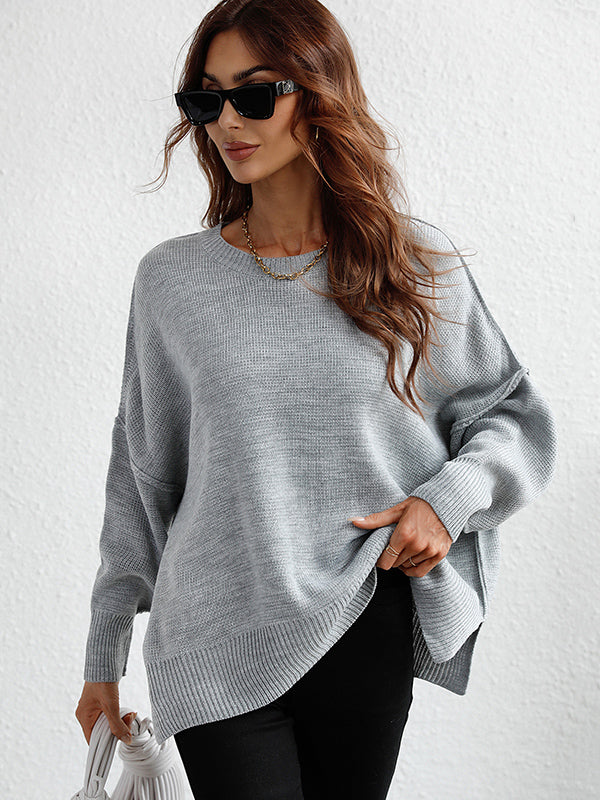 flowersverse Casual Long Sleeves Loose Split-Side Solid Color Round-Neck Sweater Tops