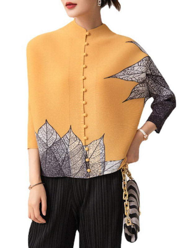 flowersverse Buttoned Leaves Print Long Sleeves Loose Round-Neck Outerwear