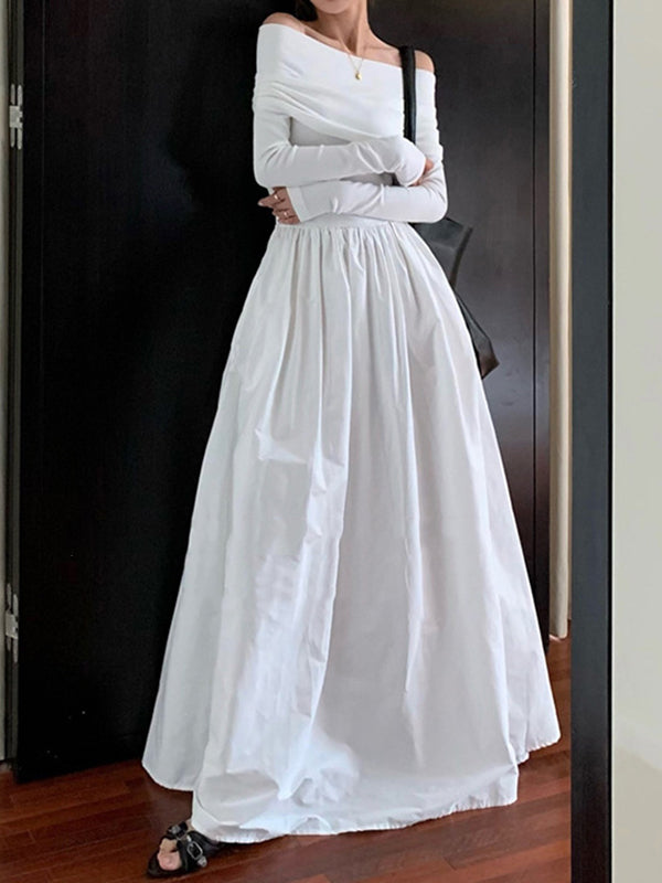 flowersverse Long Sleeves Pleated Solid Color Split-Joint Off-The-Shoulder Maxi Dresses