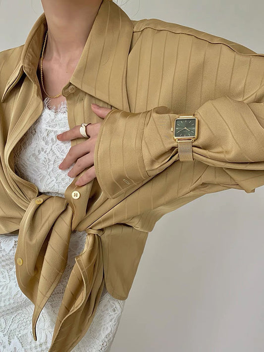 flowersverse Solid Color Striped Long Sleeves Loose Lapel Blouses&shirts Tops