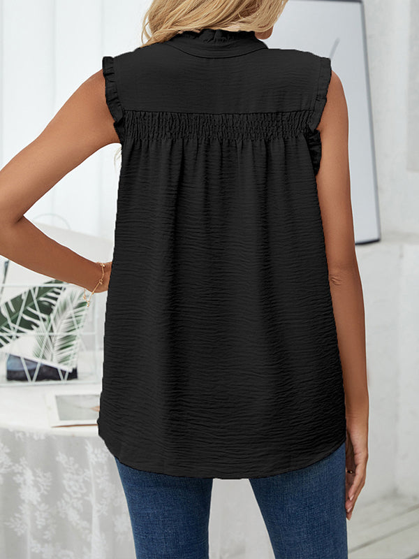 flowersverse Pleated Solid Color Loose Sleeveless Stand Collar Vest Top