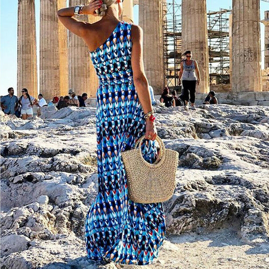 flowersverse Women Sleeveless One Shoulder Floral Boho Long Maxi Dress Summer Ladies Party Beach Split Maxi Dress Clothing