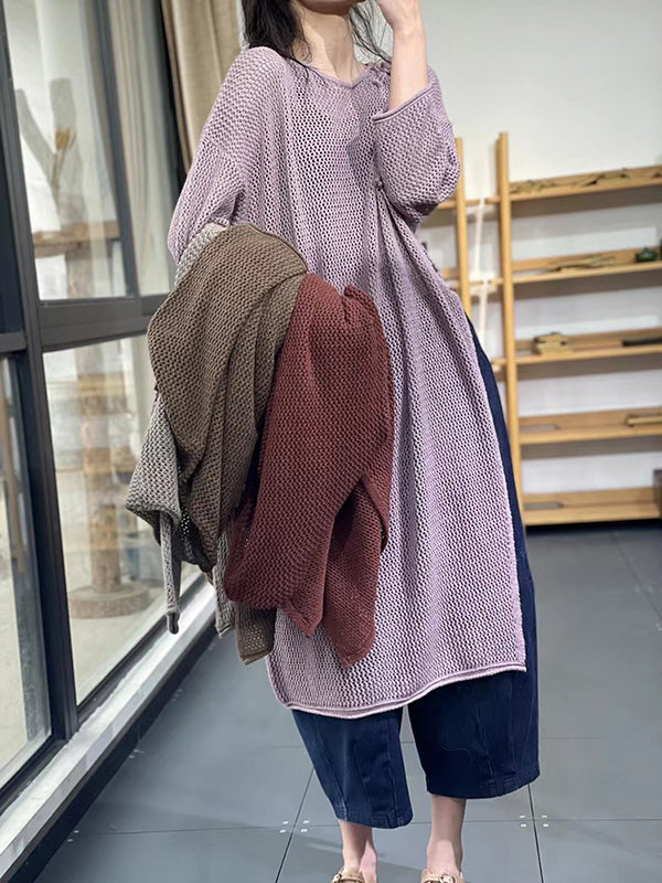flowersverse Asymmetric Hollow Split-side Long Sleeves Loose Round-neck Sweater Tops